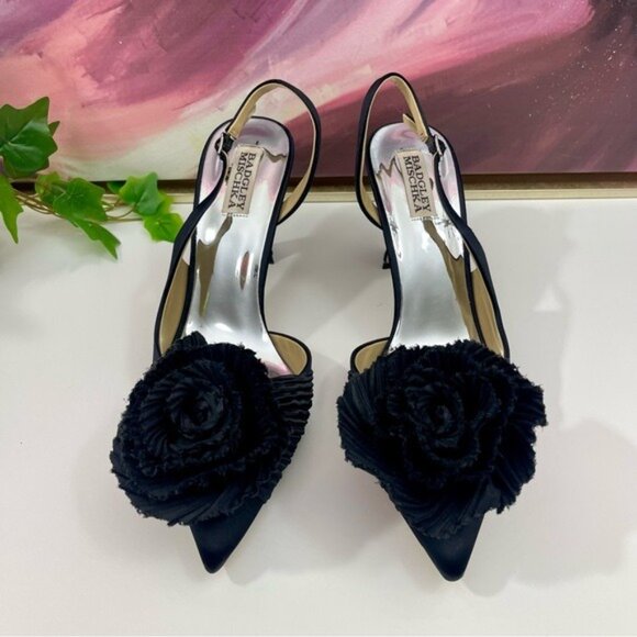 Badgley Mischka Blaire Pleated Satin Slingback Heels with Floral Detail Black 10 - Picture 6 of 11
